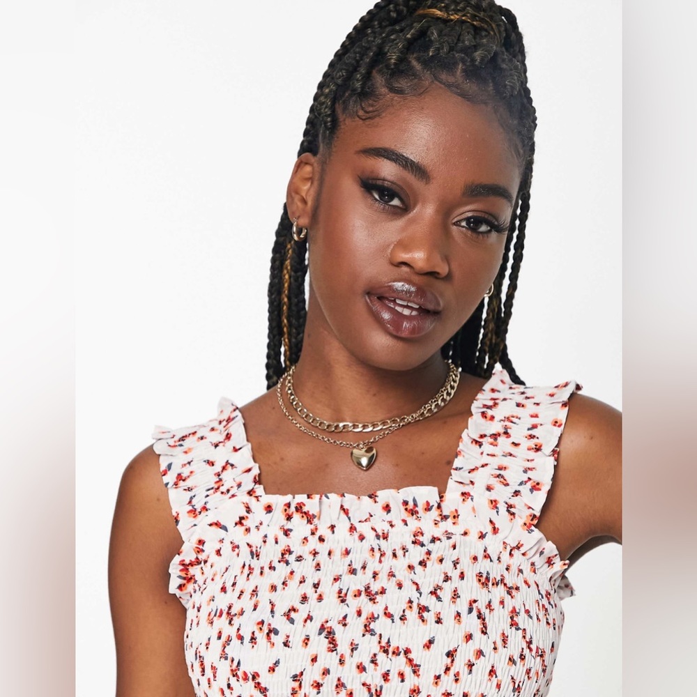 🔥🔥🔥NEW Asos Floral Influence Bardot Shirred Mini Dress In White Ditsy Floral